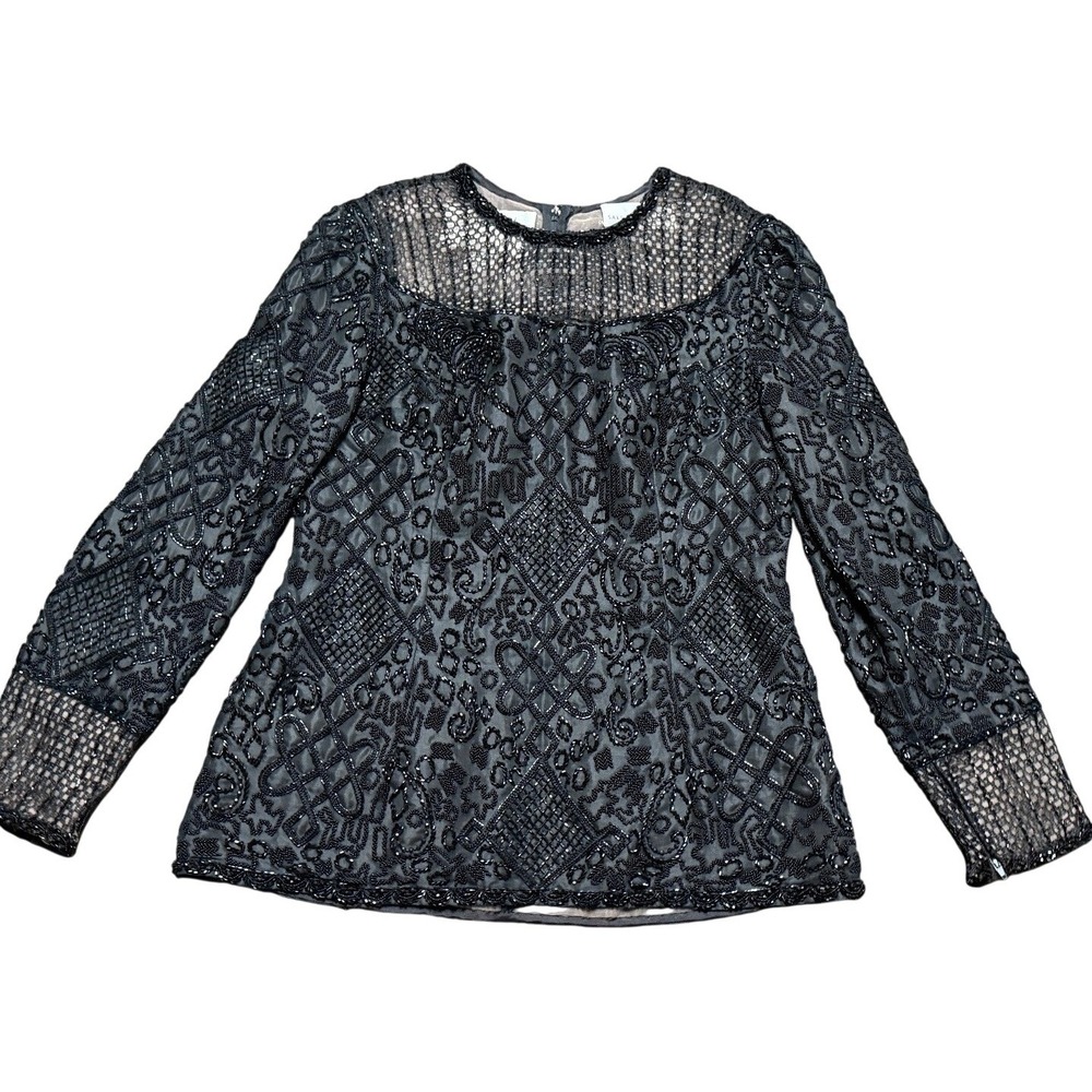 Mary McFadden Couture Silk Beaded Sequin Blouse Black Mesh Size 10 Vintage Glam